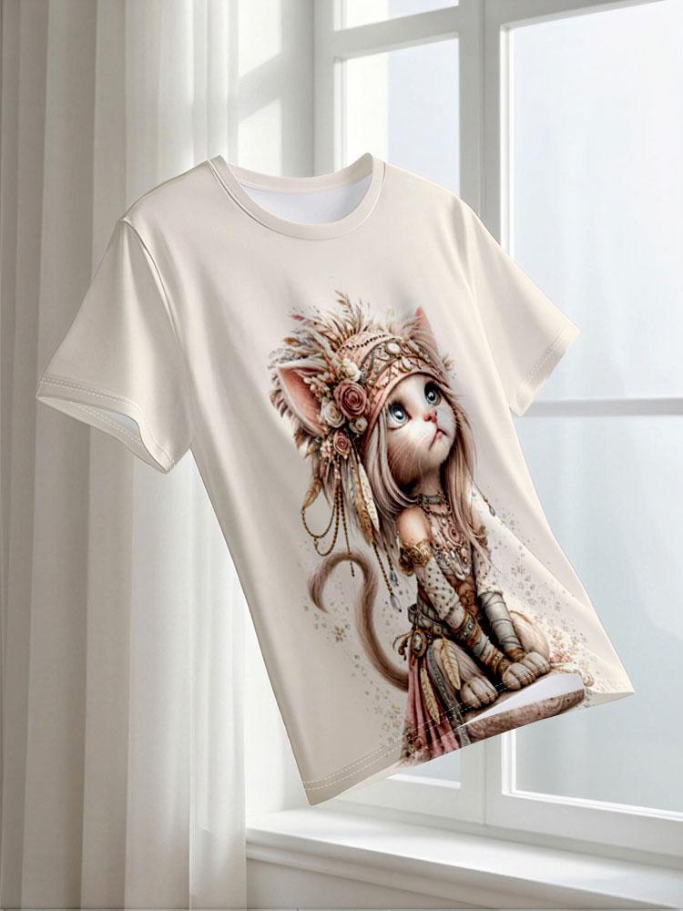 Women's O-Neck Short Sleeve T-Shirt, Polyester Fabric, 2D Bohemian Cat Print Casual Tee for Commute Daily Wear