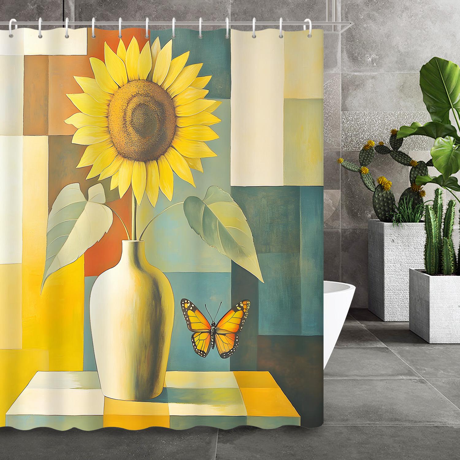 

Oil Painting Sunflower Vase Butterfly Shower Curtain Decorative Print, 12 Hooks Bathroom Accessories W90xH180cm