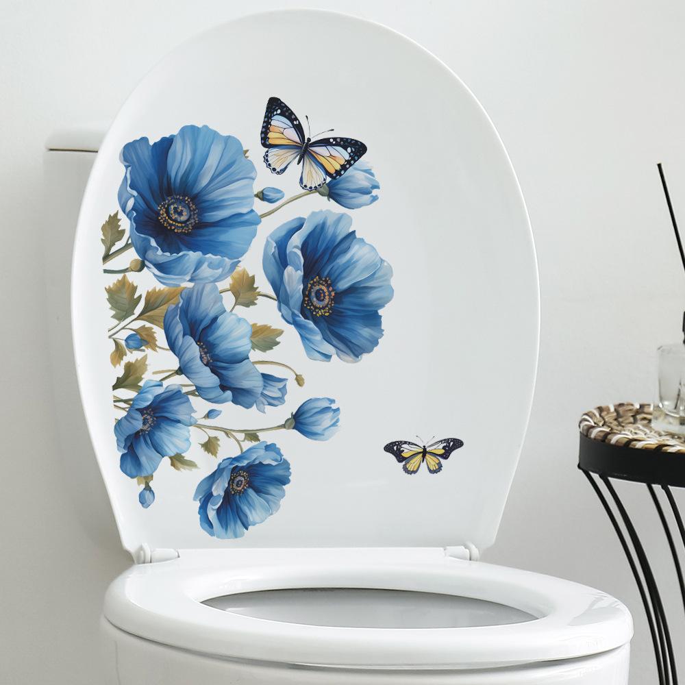 Aquarell Blaue Blume Mohn Toilette mit Badezimmer Badezimmer Wandsticker