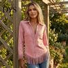 Western Cowgirl Shirt Women Tassel for Autumn, Button Down Slim Fit Fringe Blouse, Solid Color Casual Long Sleeve Top, Outfit Breathable Polyester