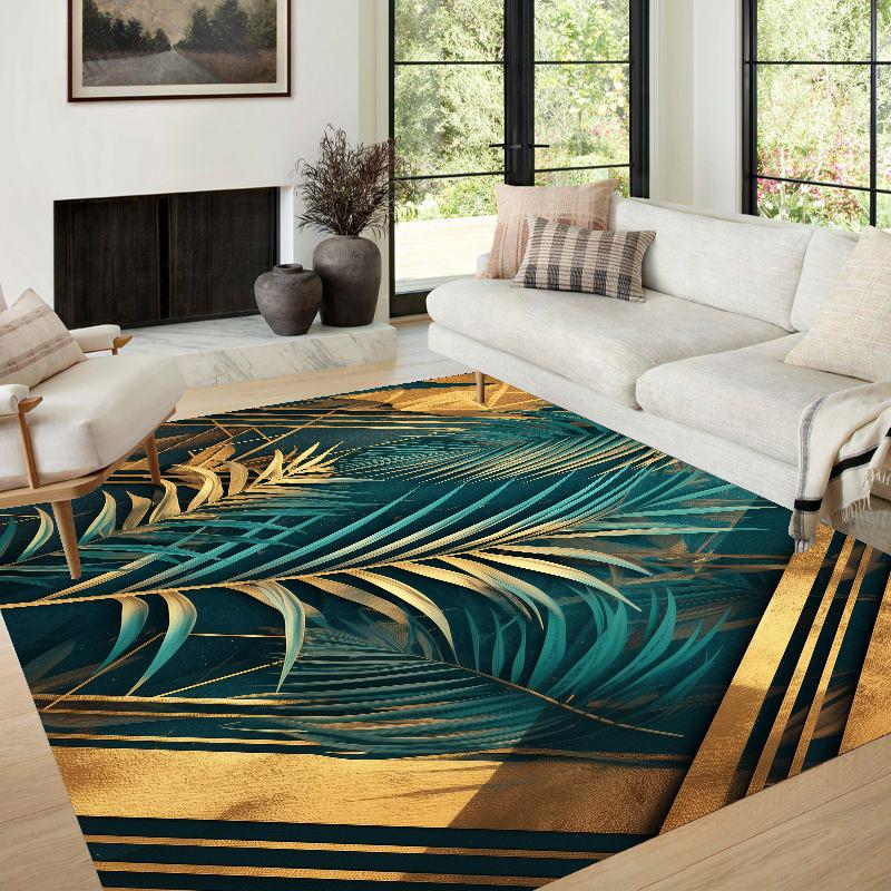 3d Golden Modern Carpet in The Living Room Leaf Patterns Room Decor Home Mats Machine Washable Large Area Rugs for Bedroom Ins