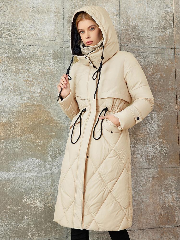 PINK CHIC 2025 New Winter Coat Women Down Jackets High Quality Rhombic Warm Lace up Hooded Long version Female Parka W6553