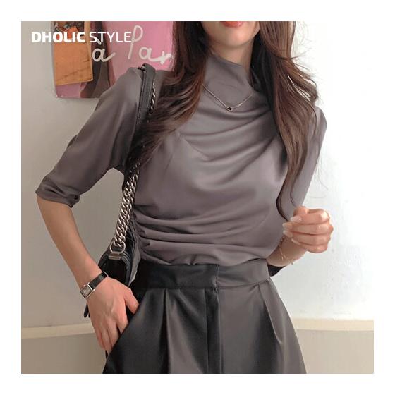 Women s blouse tops, short sleeves, three-quarter sleeves, half-sleeves, mock neck, half neck, drape, glossy, glossy, solid color, plain, simple,