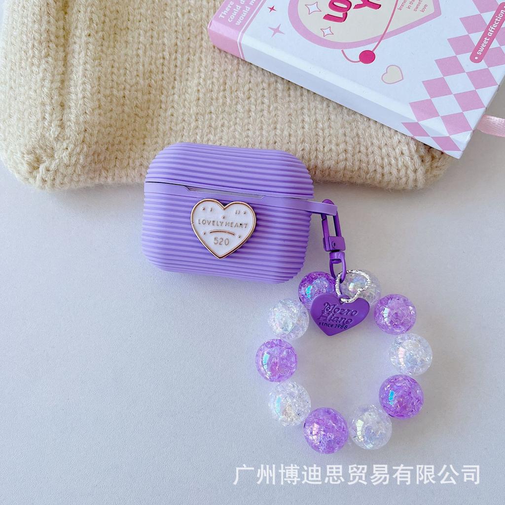 New Apple Silicone Horizontal Stripe Earphone Case Small Fresh Hand Beads + Silicone AirPods Pro1 Love + Hand Beads