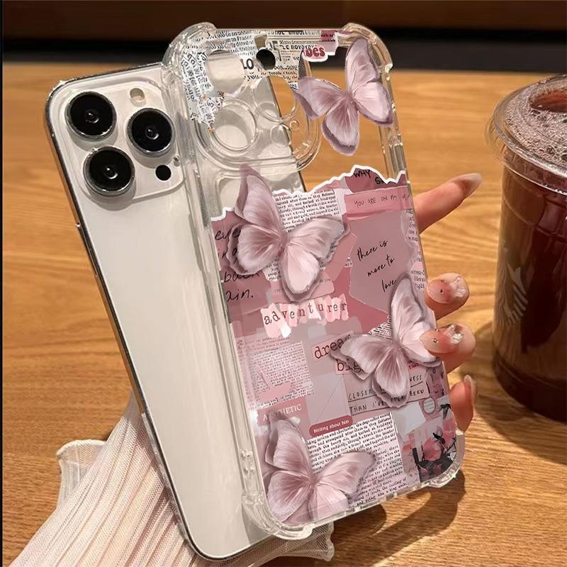 

Newspaper Butterfly Pattern Transparent Phone Case For iPhone 11 17 13 12 14 15 16 Pro Max XS XR 15 Plus 16E 17E Soft TPU Cover iPhone 13 Pro