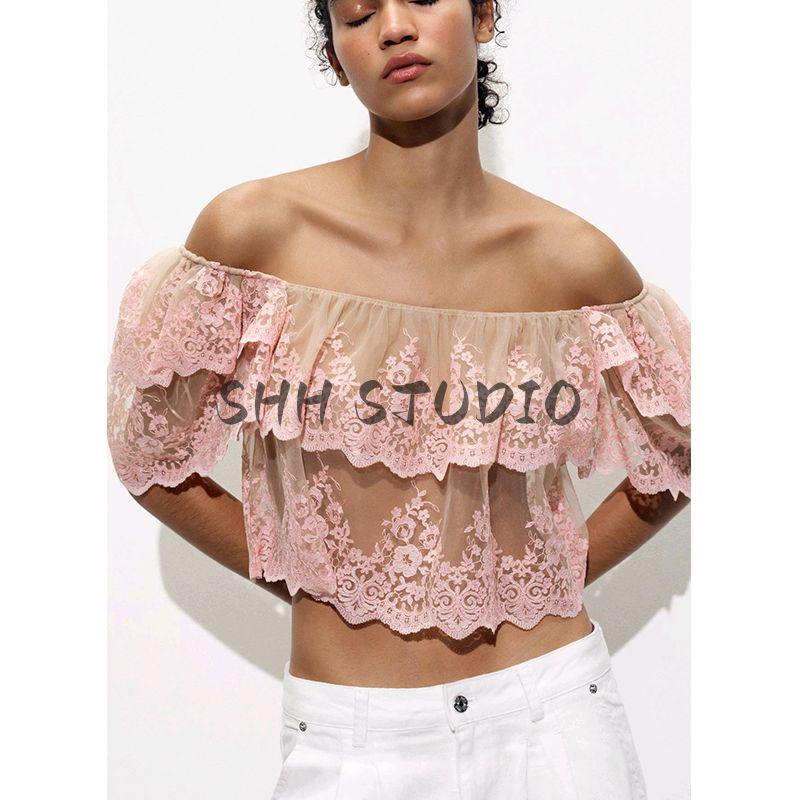 Spring and Summer New Women's Clothing Seaside Vacation Style Laminated Decoration Embroider Short Sleeve round Neck Short Top 1067154