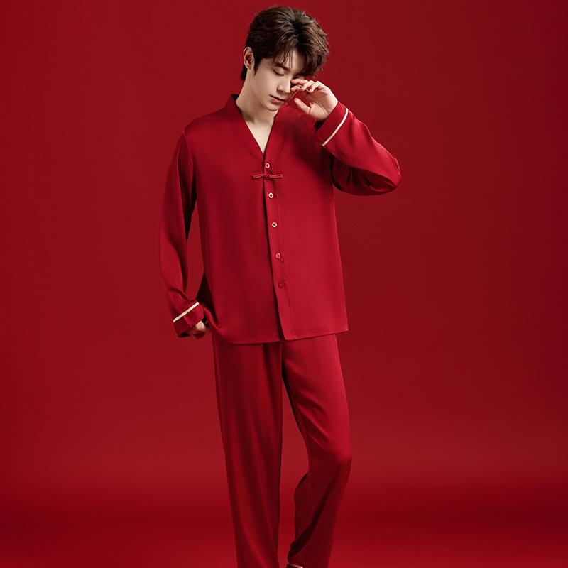 Couple's Chinese Style Pajama Set Long Sleeve Ice Silk Red Sleepwear Men’s Spring Autumn Wedding Gift Loungewear
