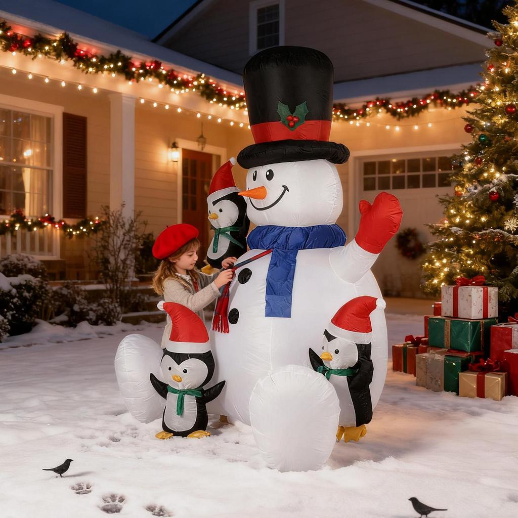 7FT Christmas Inflatable Sitting Snowman Ornament RGB LED Lights With 3 Penguins Christmas Inflatable Outdoor Decoration