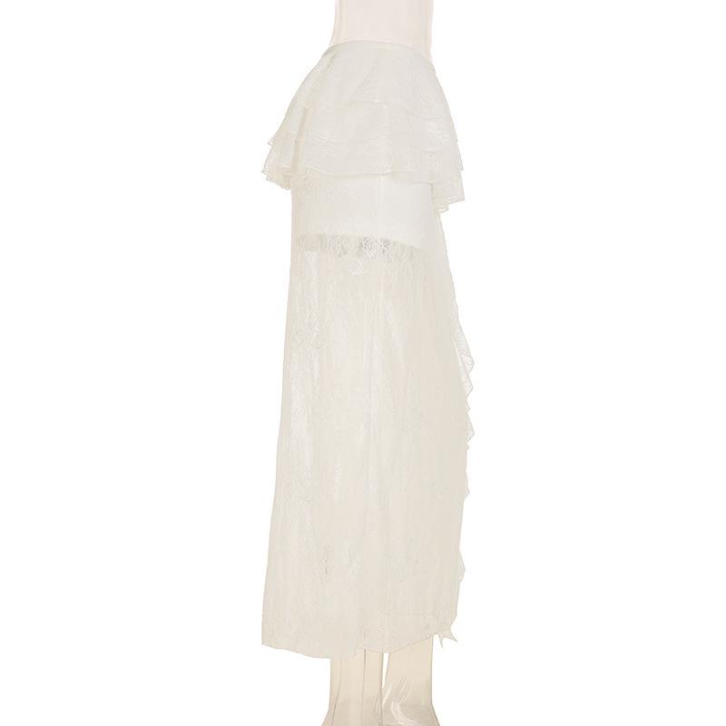 2025 Women's White Ruffled Lace Half Skirt, Holiday Style, Sexy & Slightly Sheer, Irregular Design