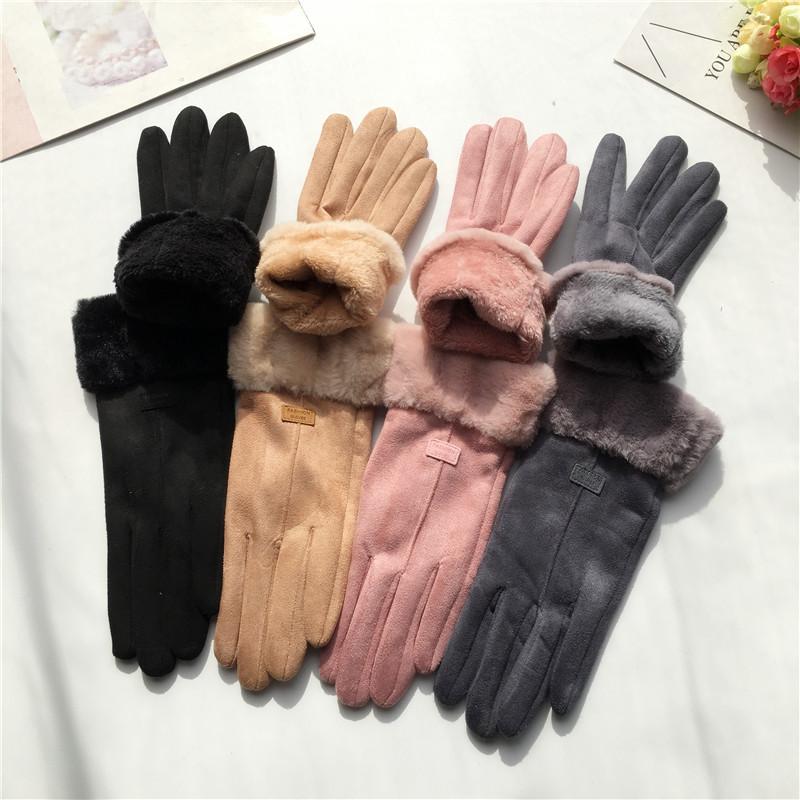 Suede Women's Gloves Single Line Hairy Winter Warm Outdoor Fleece Student Split Finger Touch Screen Gloves