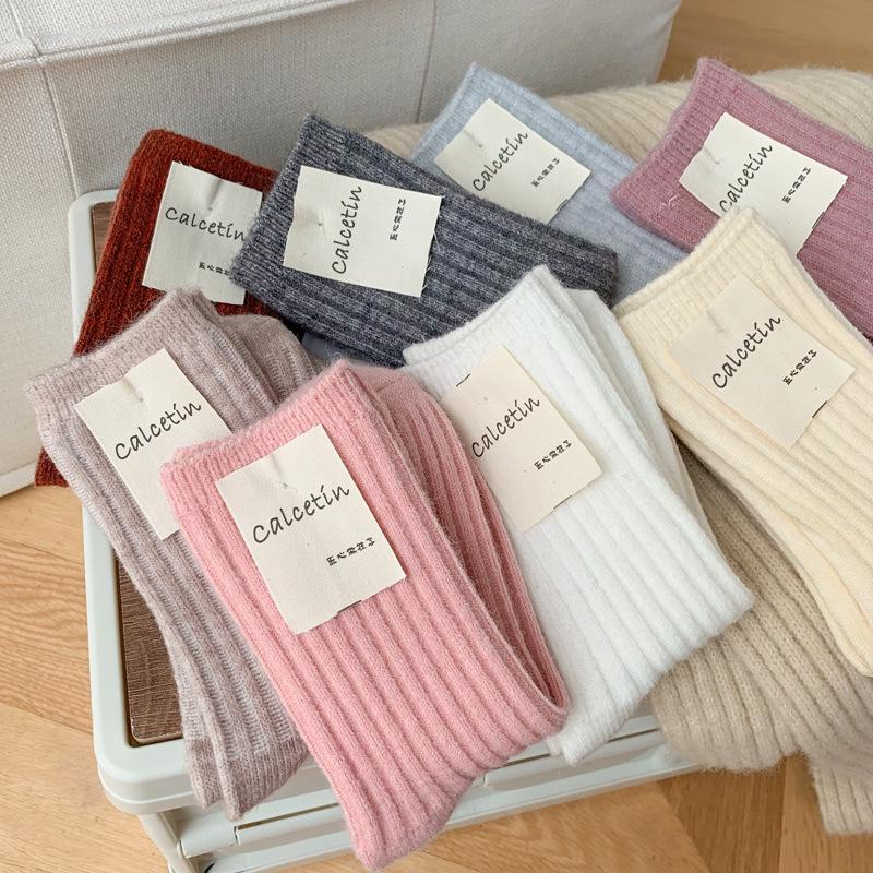Women's Japanese Style Wool Socks, Thick Mid-Calf, Solid Color, Versatile, Warm for Autumn & Winter