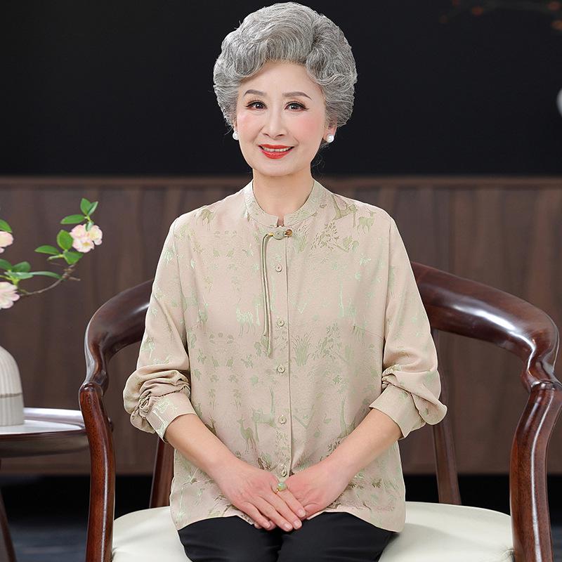 

New Summer Silk Shirt for Women - Chinese Style Top for Grandmas, Middle-aged, and Elderly 5XL (150-165 jin) бежевий