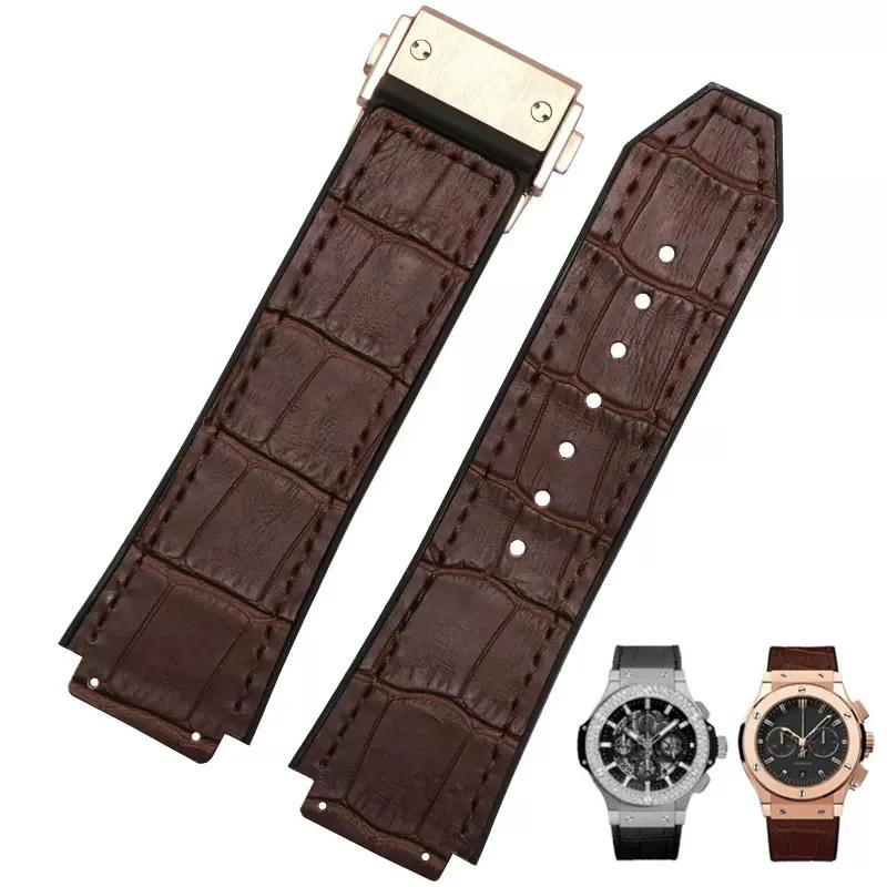 26X19mm Real Cow Leather Rubber Watchband for HUBLOT Classic Fusion Universe Big Bang Series Men belt Watch band butterfly Buckl