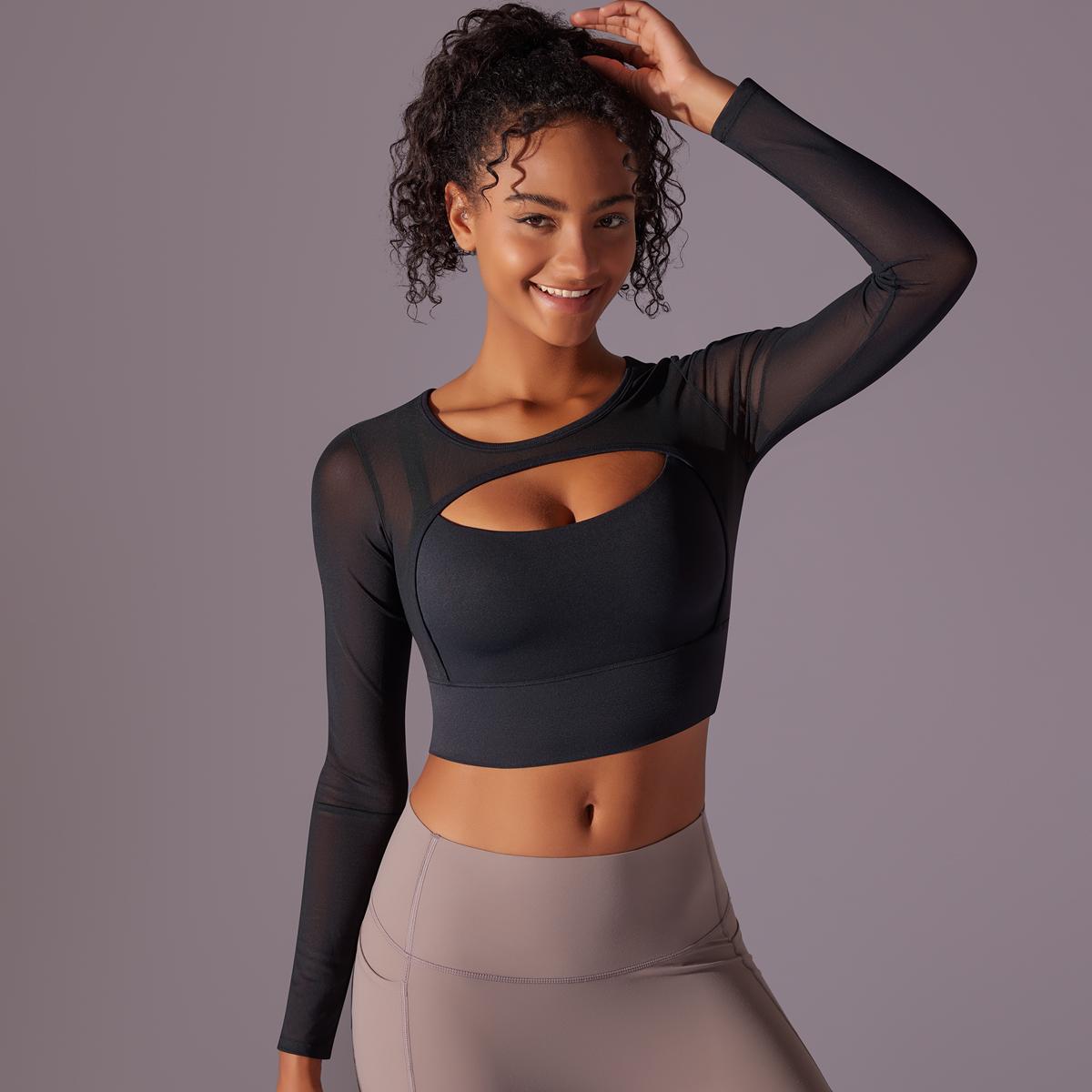 

Auroth женские рубашки с длинными рукавами для йоги, вязаные быстросохнущие топы для фитнеса и бега, эластичные дышащие спортивные рубашки для спортзала S чёрный