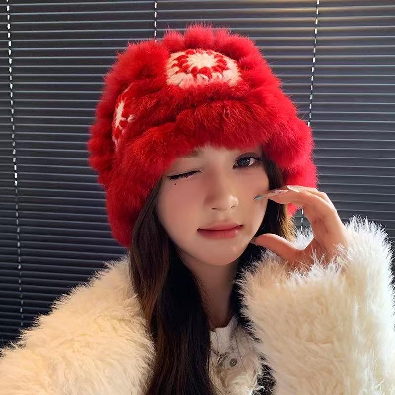 

Новая шапка из натурального кроличьего меха и шерсти, женская, осенне-зимняя, милая плюшевая теплая шапка-лев ручной работы, чтобы показать маленькое лицо