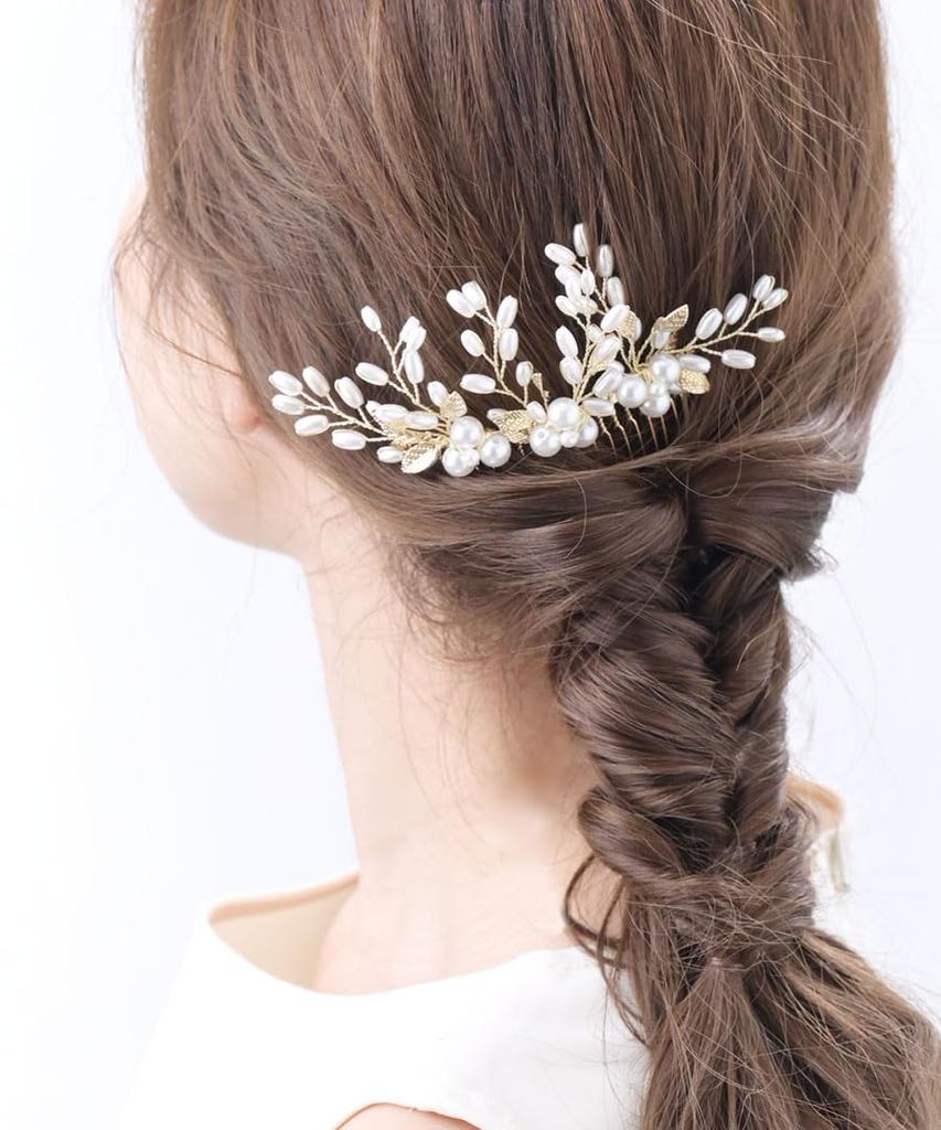 VINGTAINE Hair Comb with and Flower Perfect for Large Hair Popular and Trendy Pearl, Leaf, Design, Weddings, Accessories, Gift, H7681-