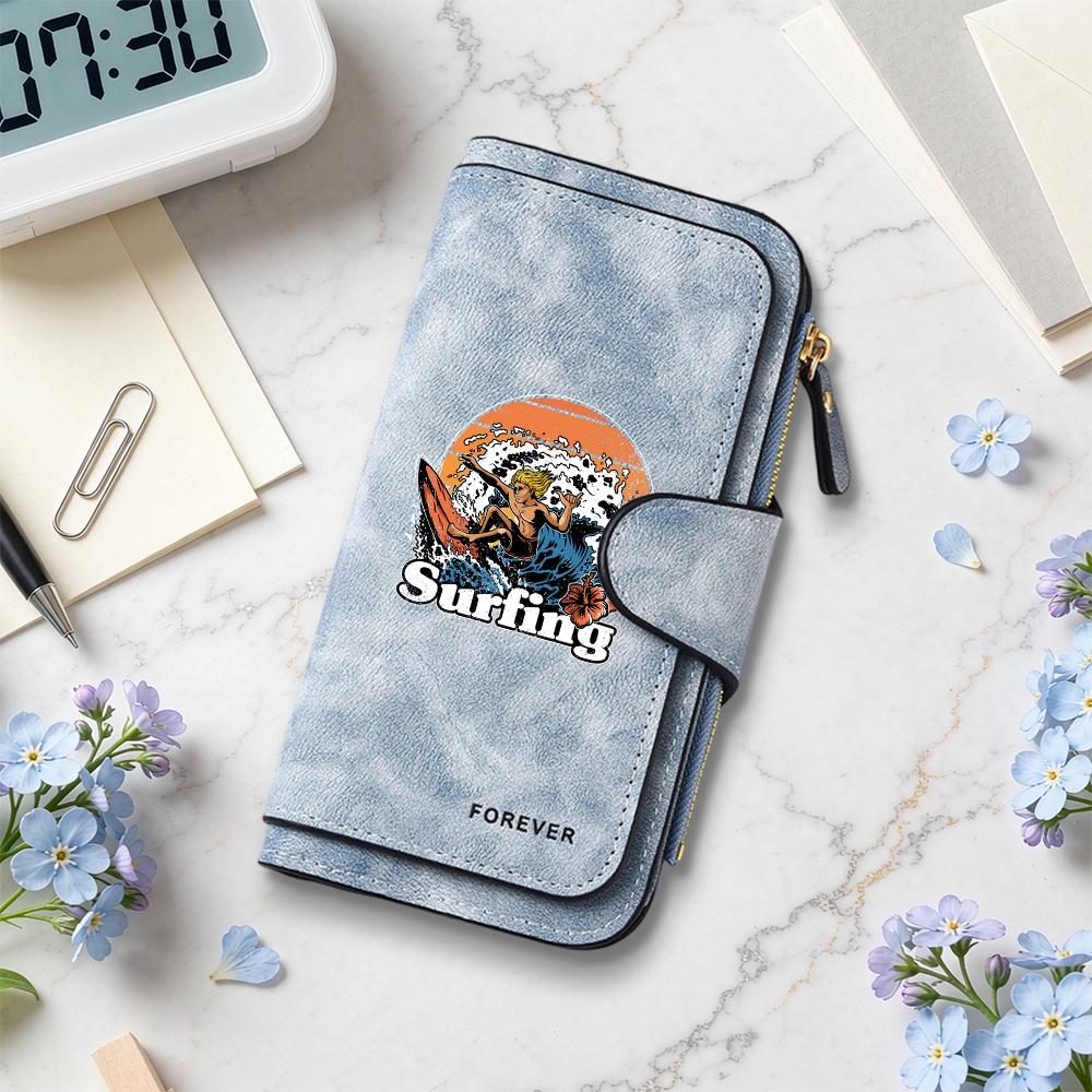 Surfing Printed Long Wallet Fashion Casual Large Capacity Portable Card Holder for Daily Use