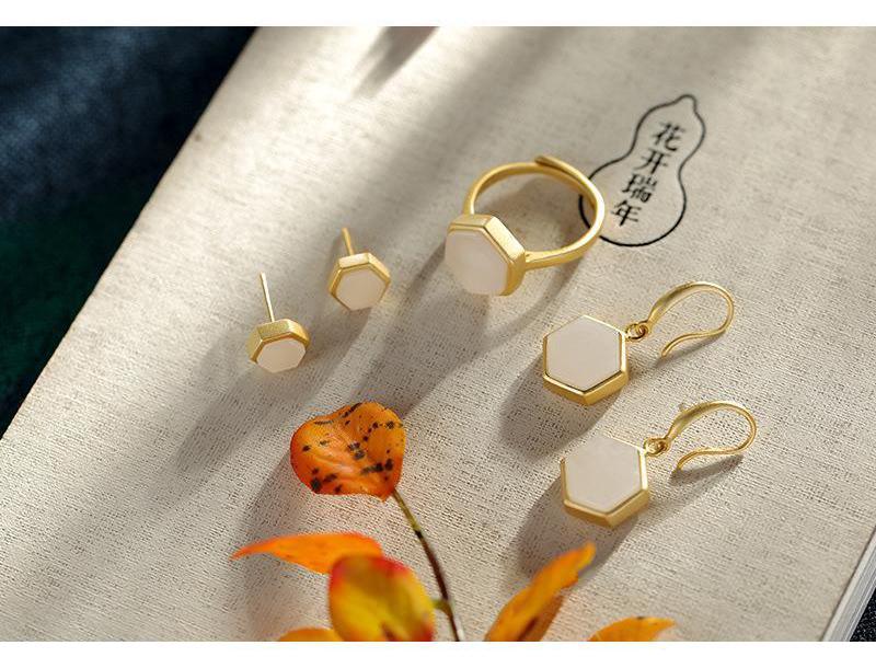 Geometrischer Mattierter Zirkon & Imitation Hetian Jade Offener Ring