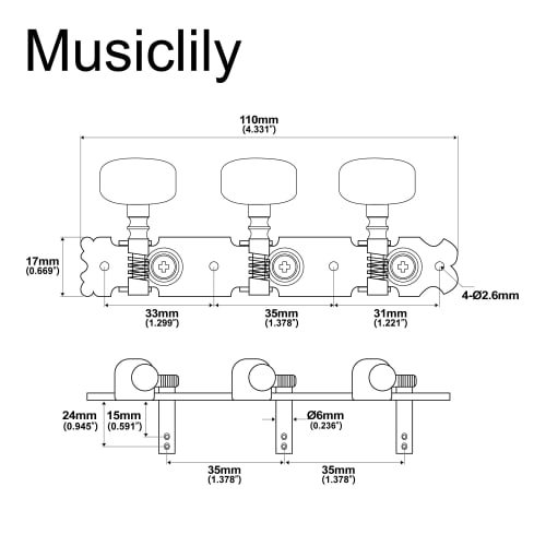 Musiclily 3-piece Acoustic Guitar Tuner Set, Nickel