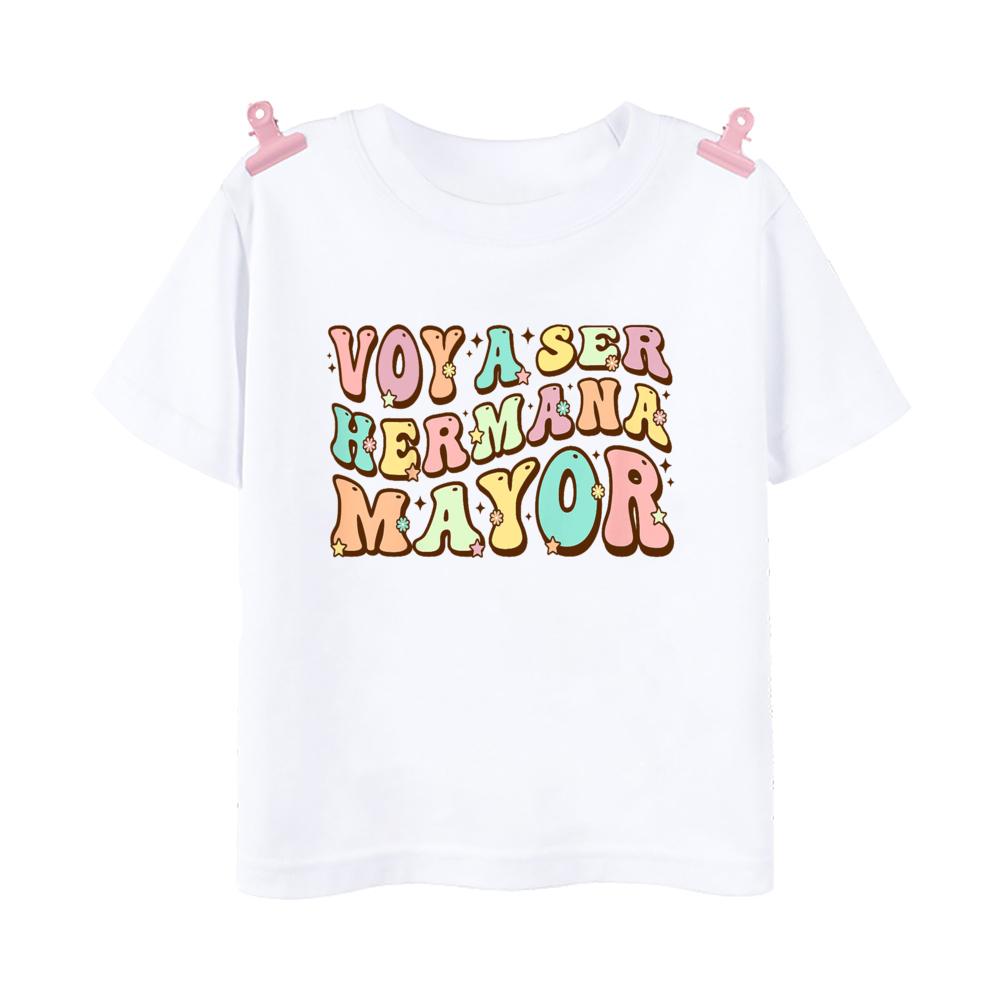 

2025 Я стану старшей сестрой Испанская футболка с принтом Футболка старшей сестры Одежда для объявления о беременности Рубашки с коротким рукавом для девочек Футболка 100