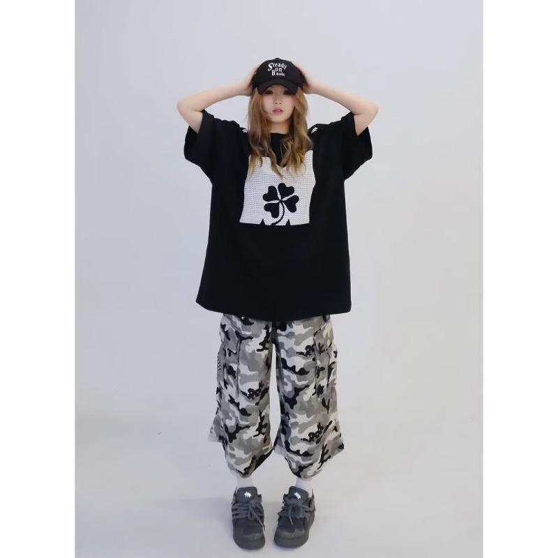 Retro Gray and White Camouflage Overalls Multi-pocket Design Pants Women's Cleanfit Straight Cropped Pants