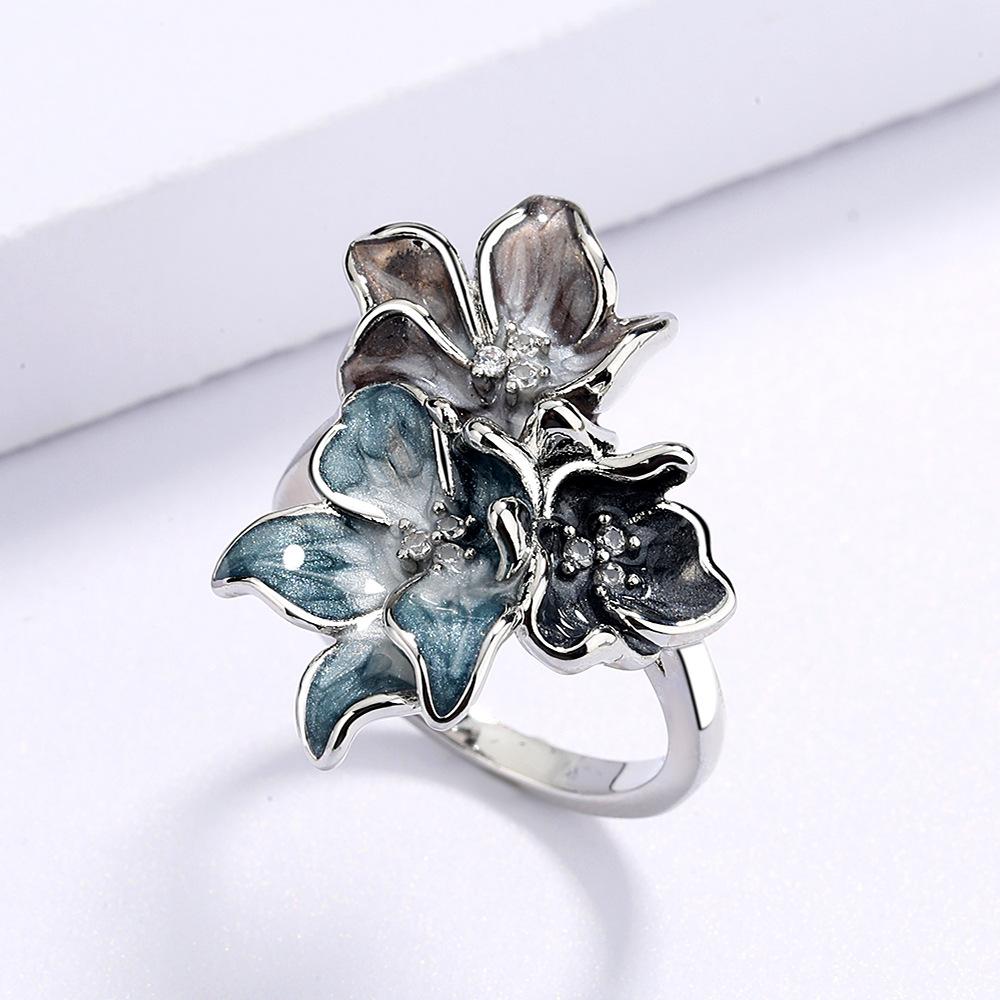 Export Simple Chinese Style Splashing Ink Effect Epoxy Inlaid Zircon Retro Flower Women'S Ring