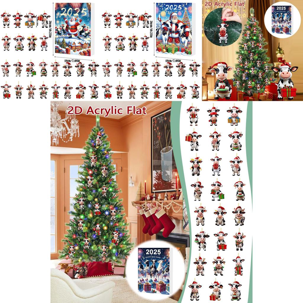 Boîte Aveugle Compte à Rebours de Noël Ornement Ferme de Vaches Avec Décorations Acryliques Pour Décoration d'Arbre de Fête