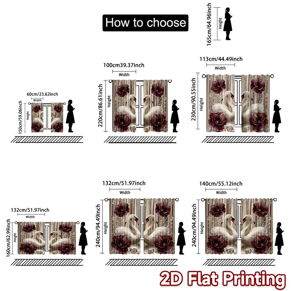 Set Of 2 Flat Printing Party Curtain Swans Roses Digital Printed Polyester Drapes Decorations Use Event Decoration