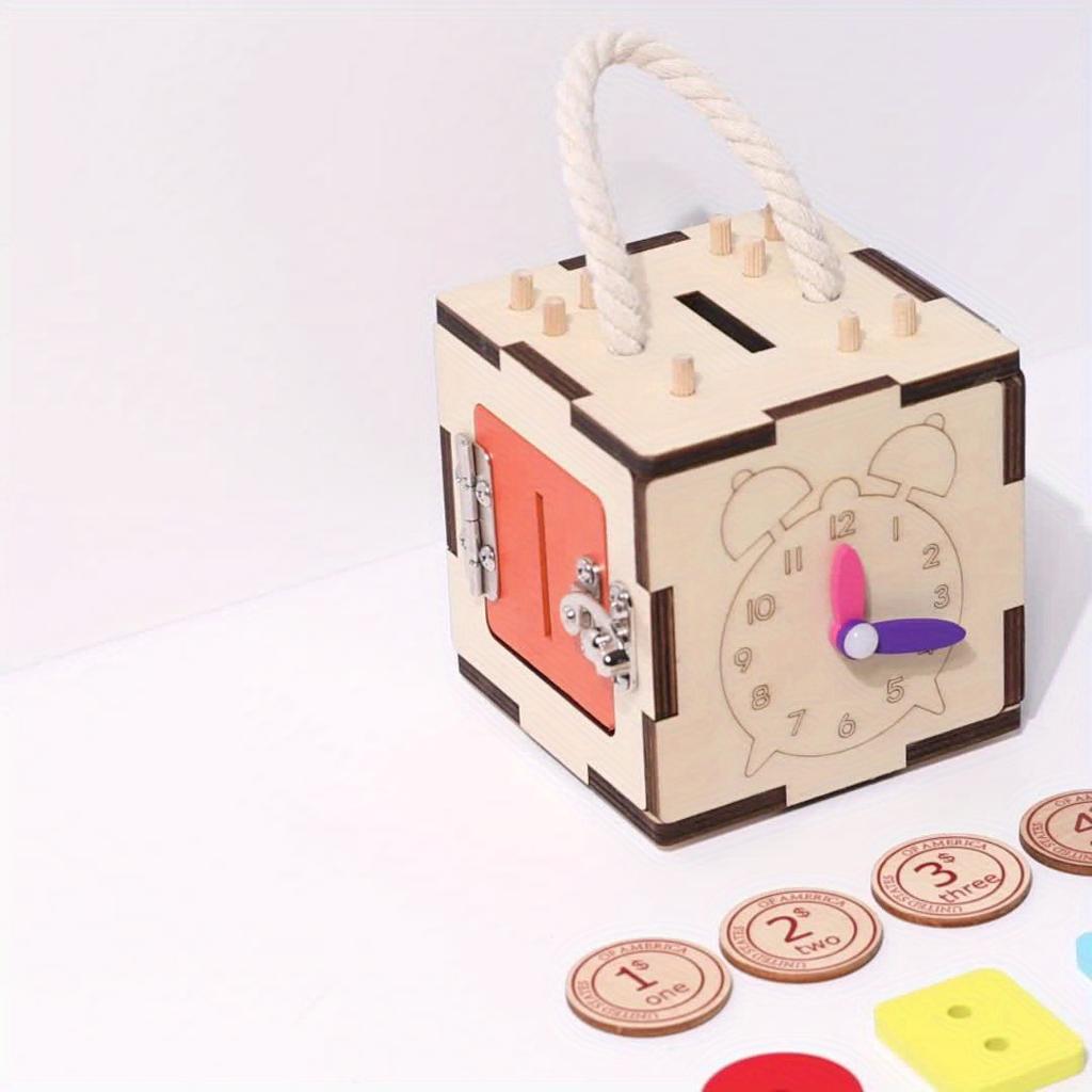 6 Sided Multifunctional Busy Box Recycled Wood Educational Toy for Youngsters 3+ Years, Hand Eye Coordination,Shape/Color Recognition Training