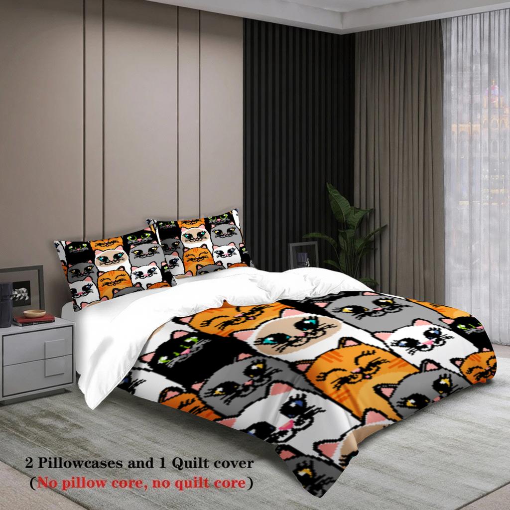 Cute Cat Face Bedding Sets Comforter Not Included Cartoon Animal 3D Printed 3Pcs 100% Polyester Duvet Cover With 2 Pillowcases