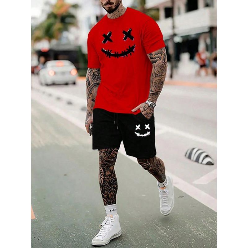 European-american Style Manfinity Homme Men's Full Print Casual Short Sleeve T-shirt + Shorts Set Anti-wrinkle Heat Insulation