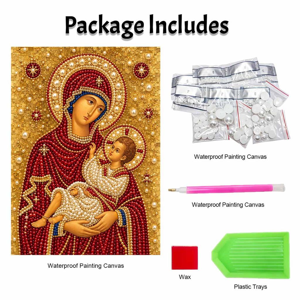 5D Framed Pearl Painting Kit Virgin Mary and Child Pattern Sparkling Bead Art Canvas Ready to Display Romantic Home Decor Gift
