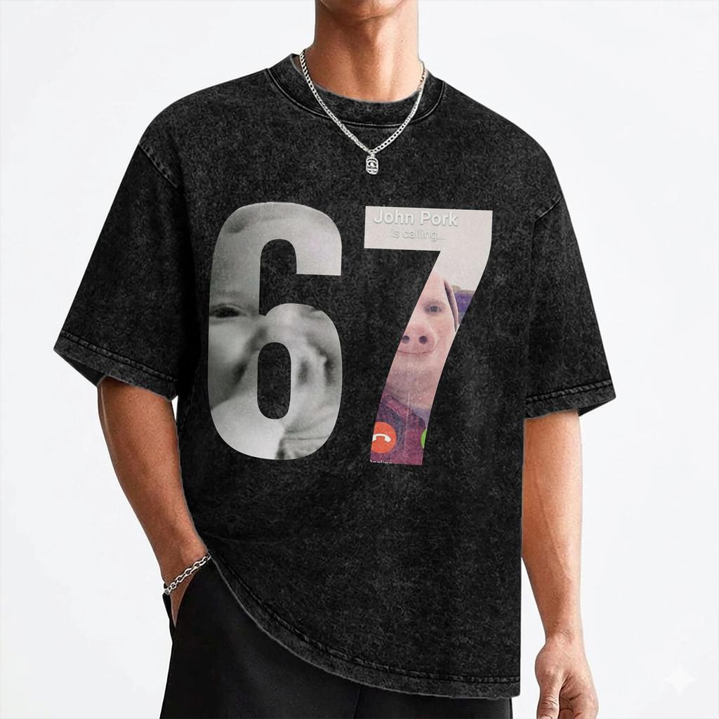 Six Seven John Pork T Shirt Washed 100 Cotton Harajuku TShirts Vintage for Men Women Streetwear Printed Tee Shirt