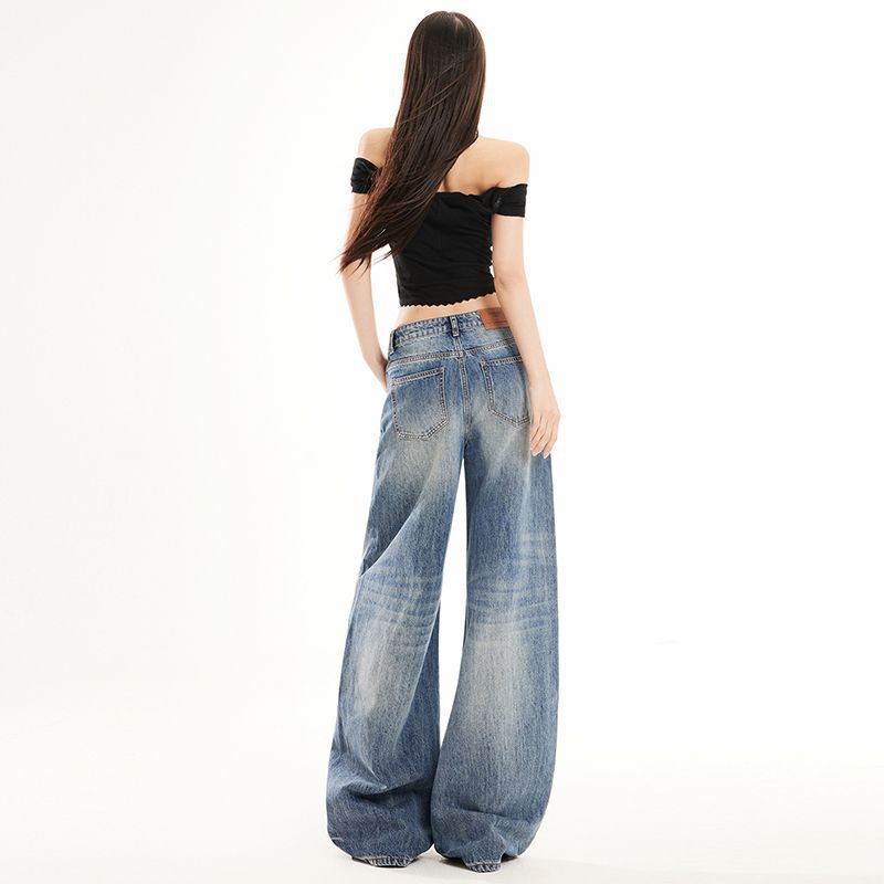 Spring Summer Vintage Cat Whisker Relax Straight Floor Wide Leg Long Denim Pants For Women Casual Pants Oversize Denim Trousers