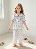 Girls Cherry Print Pajama Set, Short Sleeve Top & Pants, Cute Striped Sleepwear for Kids 4-7Y
