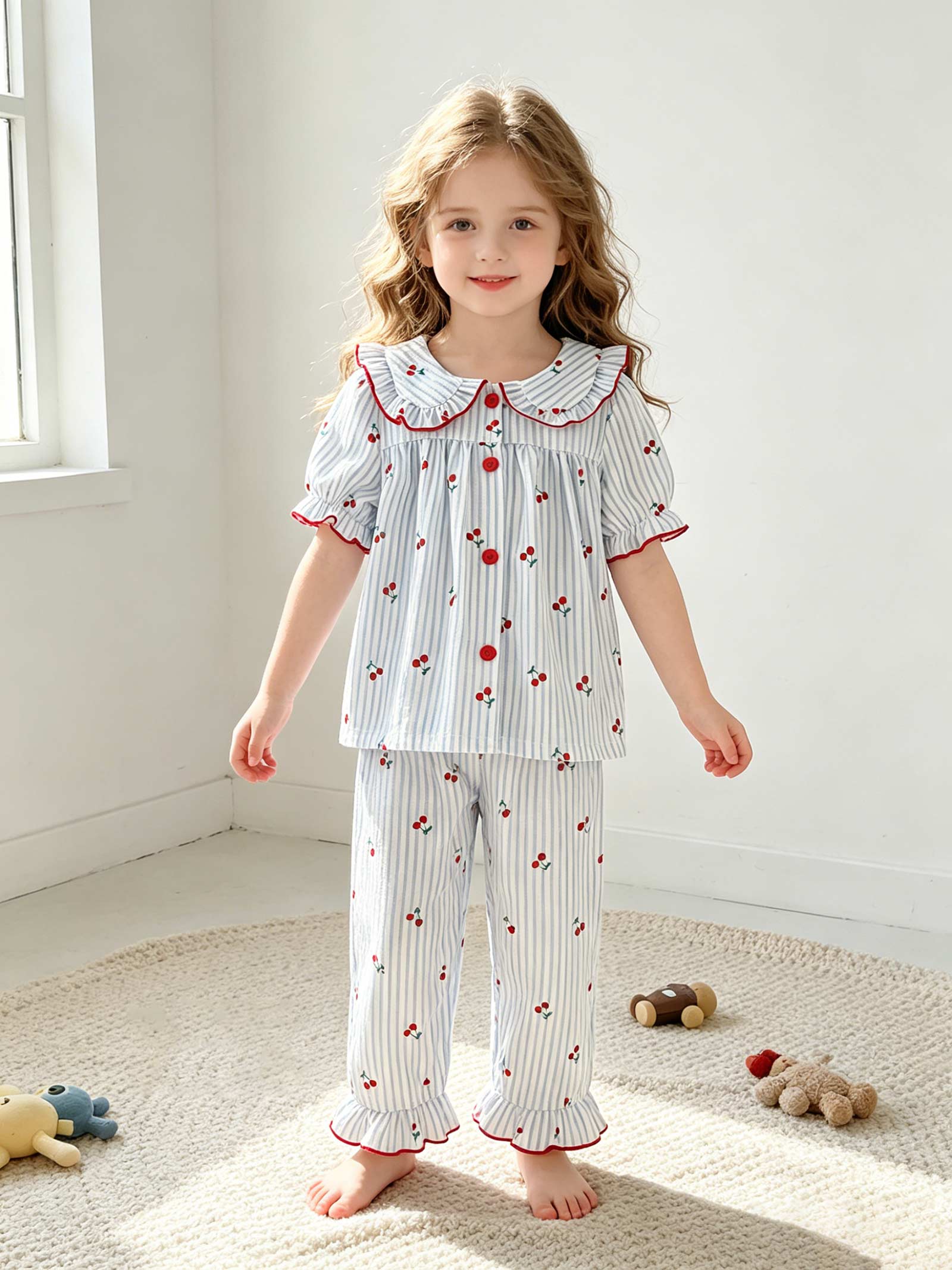 Girls Cherry Print Pajama Set, Short Sleeve Top & Pants, Cute Striped Sleepwear for Kids 4-7Y 4Y синий