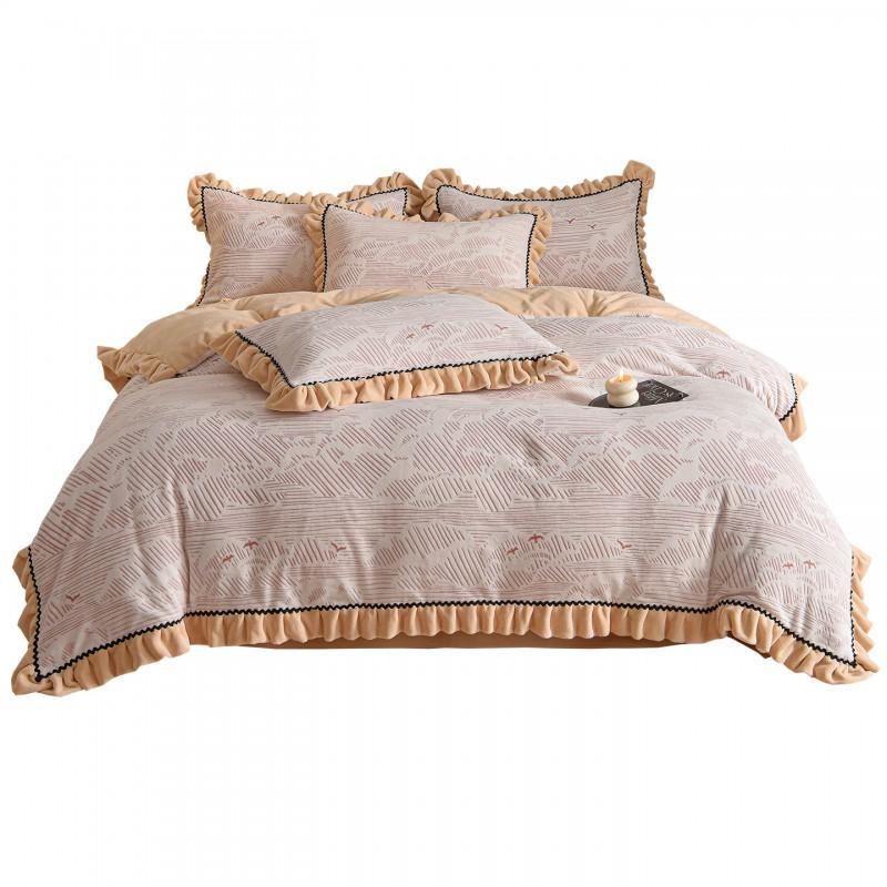 Winter Thick Milk Fleece Bedding Set French Lace Duvet Cover Sheet Coral