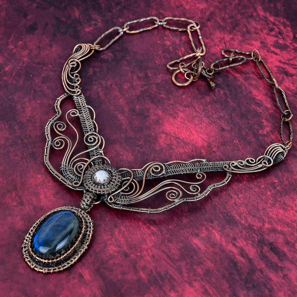 Labradorite Gemstone Necklace Adjustable Necklace Copper Wire Wrapped Rainbow Moonstone Jewelry