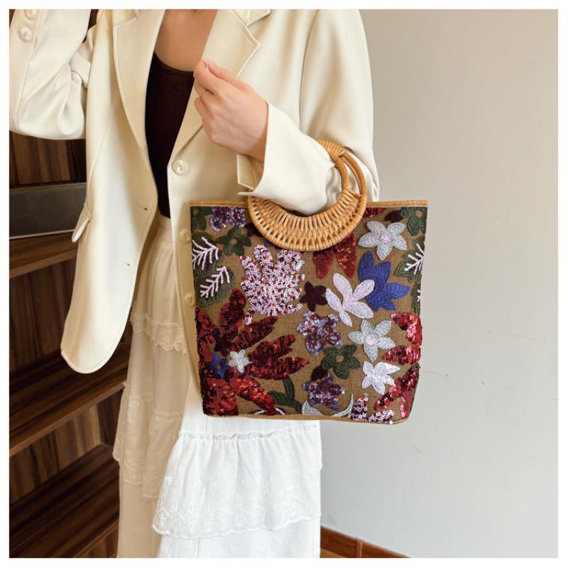 Ethnic Style Flower Embroidery Canvas Tote Bag Large Capacity Handbag For Women Top Handle Shopping Handbags