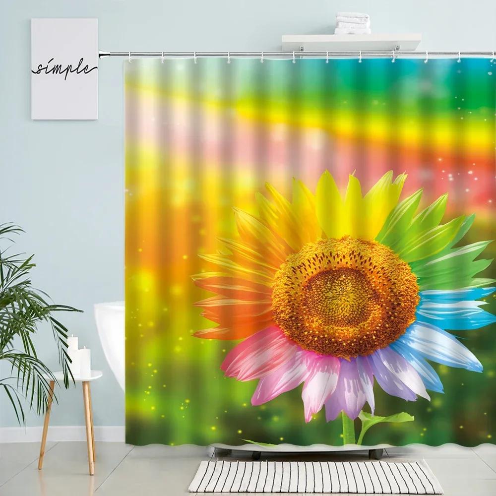 Natural Sunflower Shower Curtains Rural Scenery Floral Yellow Flower Green Leaves Plants Polyester Fabric Bathroom Curtain Decor