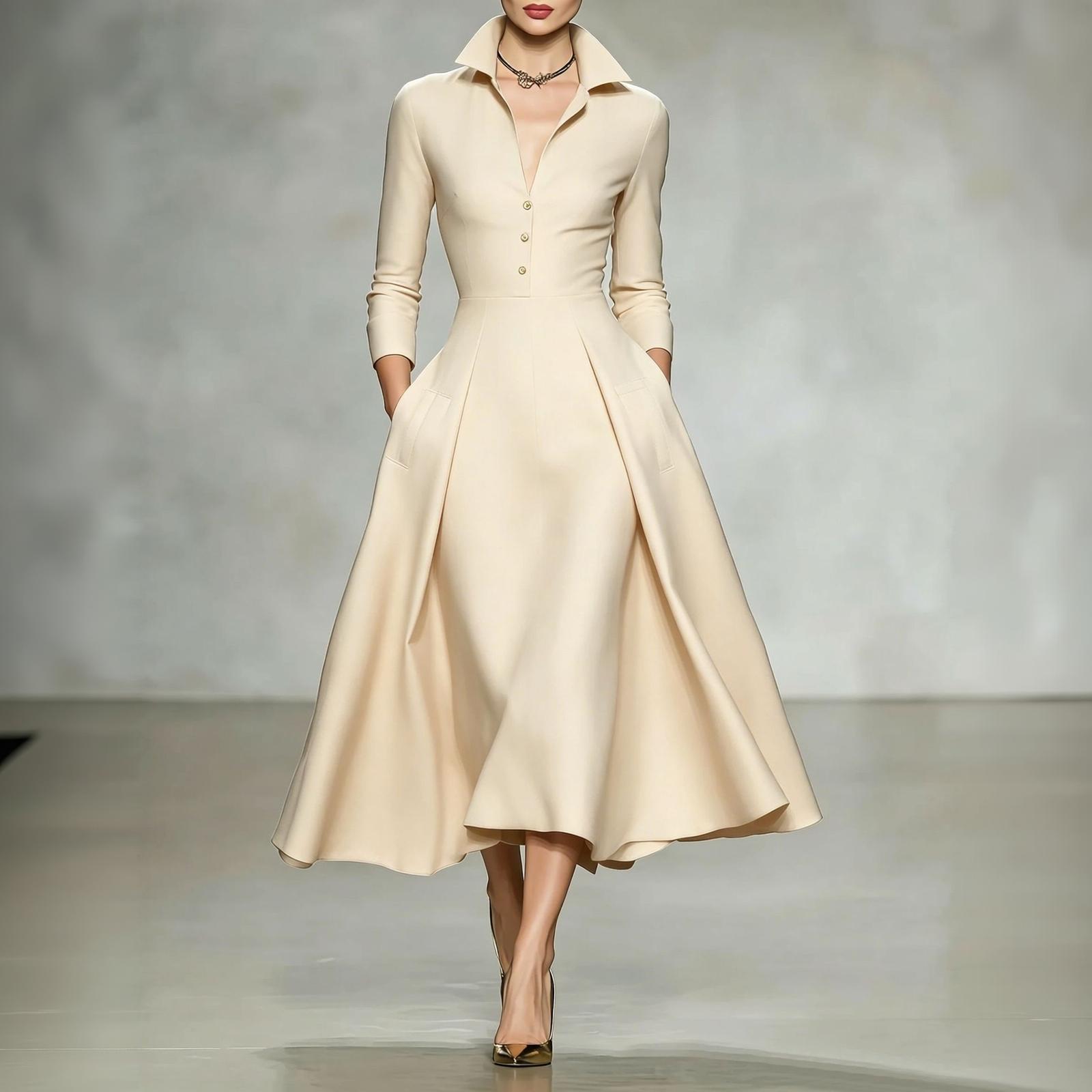 Women s Elegant V-Neck Satin Long Sleeve Dress with Waist Tie for Fall Winter L бежевый