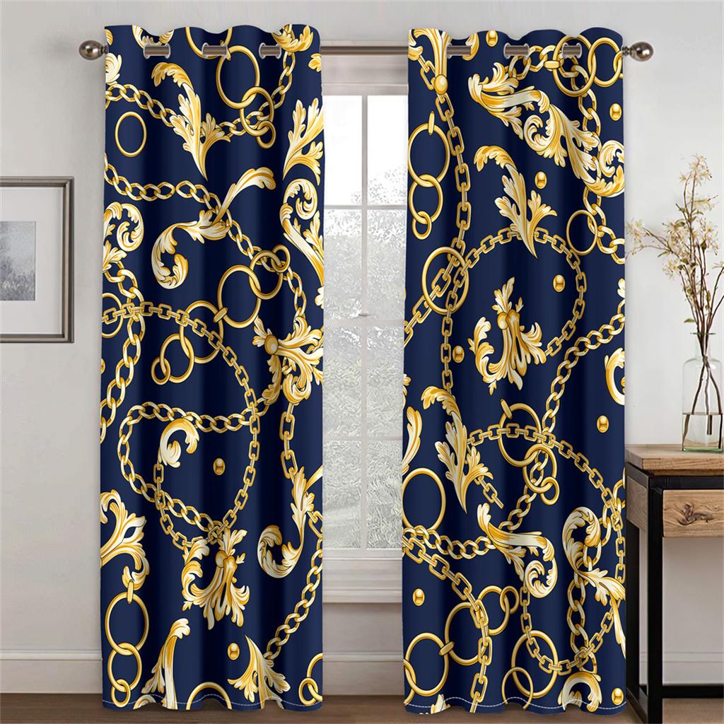 Floral Gold Chain Lines 3D Green Creative Curtains 2 Panels Fit Living Room Kitchen Bedroom Balcony Decor
