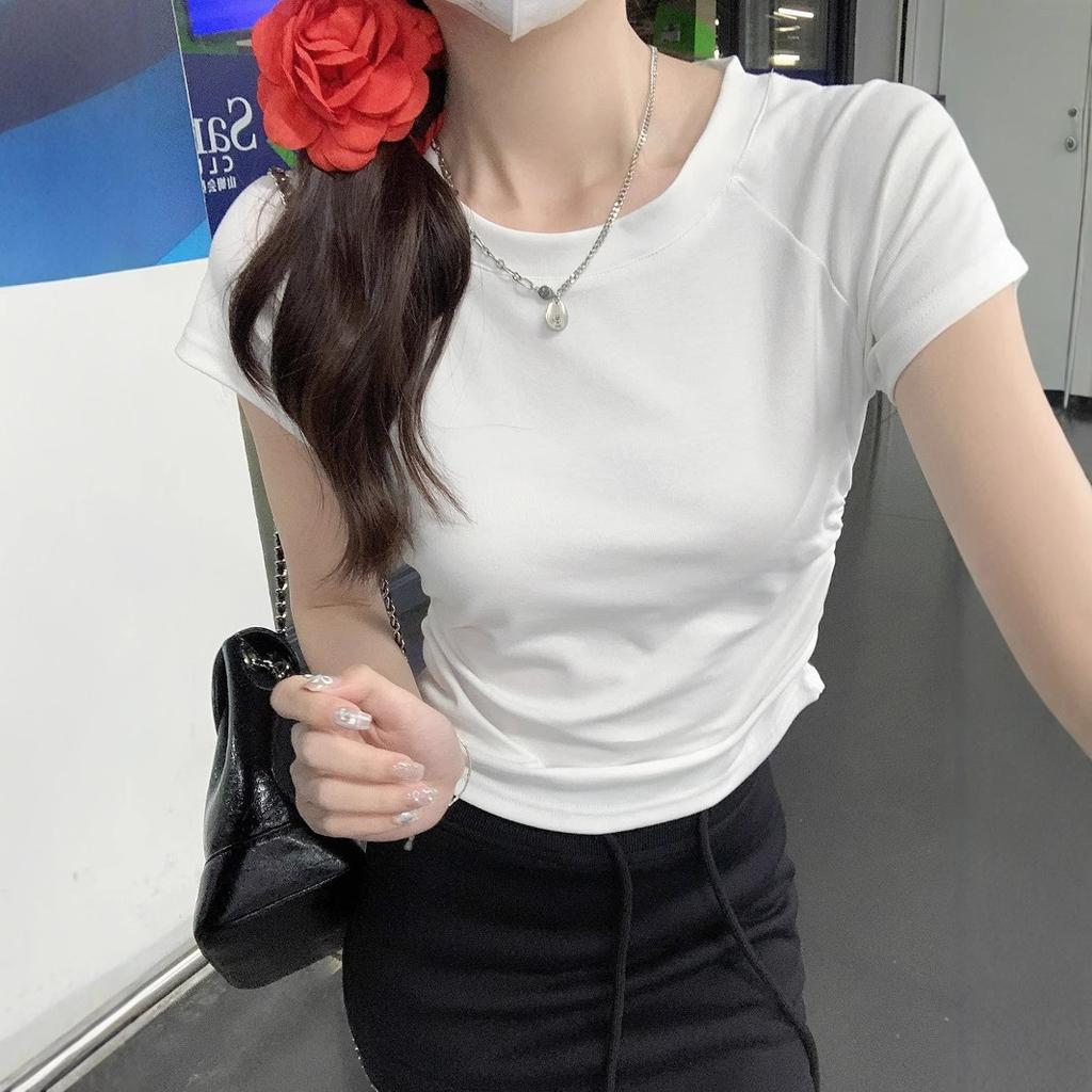 Cotton-containing Short-sleeved T-shirt New Design with Waist-hugging Slimming and Pleated Backless Short Top Solid Color Hot Girl Round Neck T-shirt