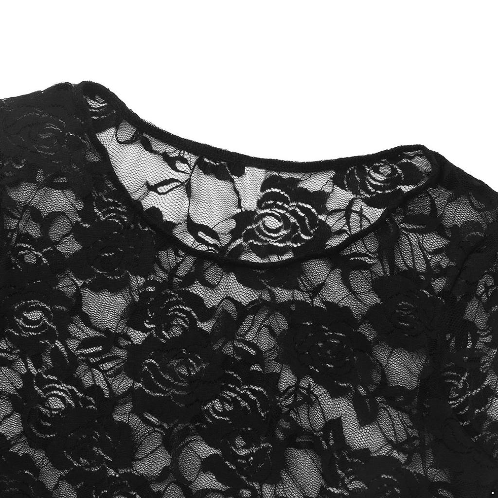 Women's Sexy Tops Lace Mesh See Through Long Sleeves Crop Tops Short Blouse T-shirt Clubwear Streetwear