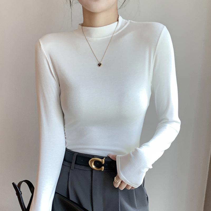 Women's Long Sleeve T-Shirt Base Layer Solid Color Undershirt with Half-High Neck Crew Neck and Small Stand Collar