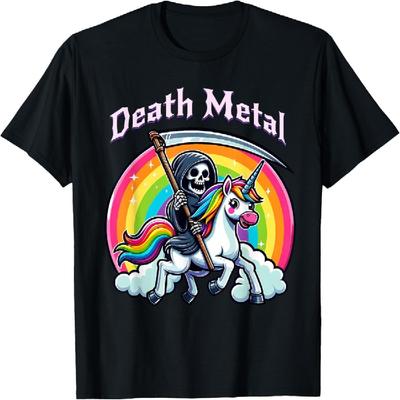 Death Metal Sensenmann auf einem Einhorn Unisex-Erwachsenen T-Shirt
