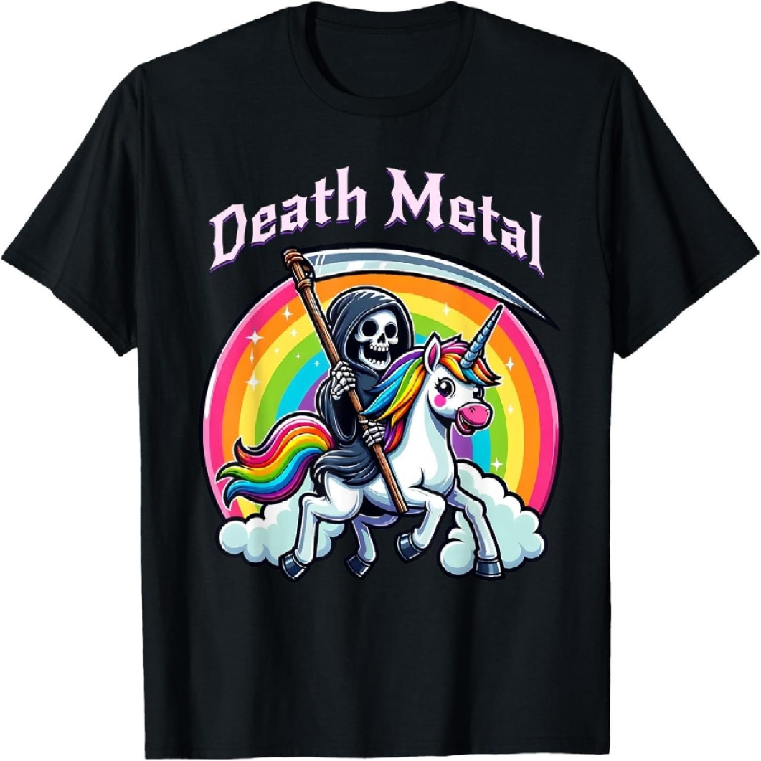 Death Metal Grim Reaper Riding a Unicorn Unisex-Adults T-Shirt S