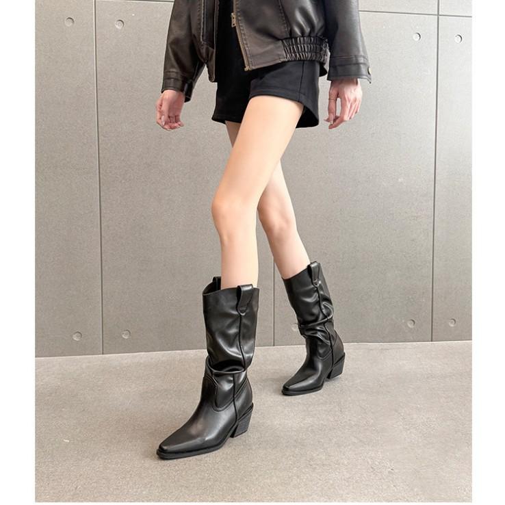 Wu Xin's Same Pointed-toed Thin Thick-soled Heightening Medium Boots 2025 Autumn and Winter Retro Versatile Thick-heeled Western Cowboy Boots