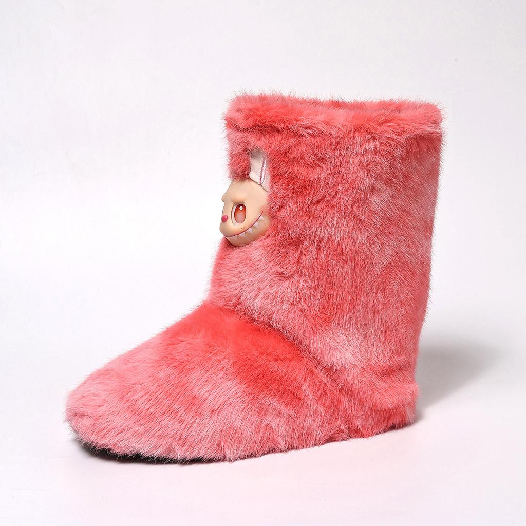 Women's Plush Boots Furry Fur Winter Ankle Boots With Faux Fur Lined for Women Warm Fluffy Mid-Calf Snow Boot Indoor Outdoot Booties House Shoes