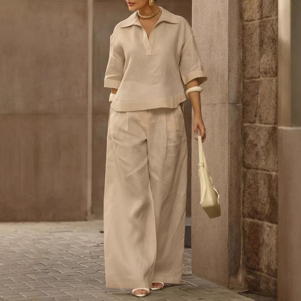 2026 European and American cross-border Amazon independent station spring and summer new solid color set, thin versatile wide-leg pants two-piece set